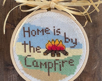 KIT - Home is by the Campfire - 4x4 - kits comes with hoop, fabric .. everything you need!  Counted Cross Stitch