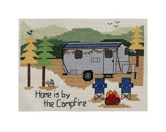 PATTERN - Airstream in the Rolling Hills - Camping Counted Cross Stitch - "Home is by the Campfire"