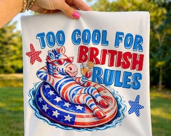 Too cool for British rules Patriotic Zebra Chilling pool sublimation 4th July trending preppy Christian USA flag blue red & white shirt png
