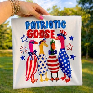 Cute Patriotic Goose sublimation shirt PNG design 4th July trending preppy duck drawing Christian the USA cap flag tshirt blue red white PNG