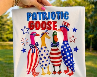 Cute Patriotic Goose sublimation shirt PNG design 4th July trending preppy duck drawing Christian the USA cap flag tshirt blue red white PNG