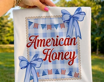 American Honey Flag Bows Coquette PNG Sublimation Design DTF Red White Blue USA Front & Back Fourth of July Memorial Independence Day png