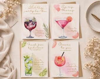 Printable Cocktail Birthday Cards | Watercolor Gin & Fun Designs (Set of 4)