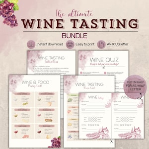 Może przedstawiać: Cyfrowy zestaw do degustacji wina zawierający arkusze do druku z tekstem The ultimate WINE TASTING BUNDLE. Zawiera instrukcje, quiz o winie, przewodnik po łączeniu wina z jedzeniem, przewodnik smakowy oraz arkusze notatek z degustacji w formacie A4.