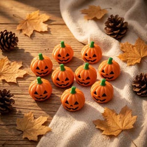 Könnte beinhalten: Eine Ansammlung von neun kleinen orangefarbenen Kürbisfiguren als Jack-o'-Lanterns, jede mit einem geschnitzten Gesicht mit dreieckigen Augen und gezacktem Mund, angeordnet auf einer Holzoberfläche zusammen mit getrockneten Ahornblättern und Tannenzapfen.