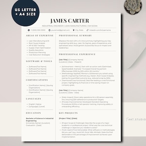 May include: A professional resume template with the name "James Carter" at the top. The resume includes sections for areas of expertise, professional summary, experience, and key projects. The document is US Letter and A4 size.