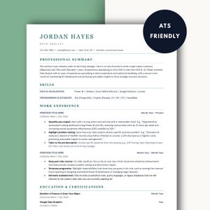 May include: A professional resume template with the text "JORDAN HAYES, DATA ANALYST" at the top. The resume includes sections for professional summary, skills, work experience, and education. A circular "ATS FRIENDLY" graphic is in the upper right corner.