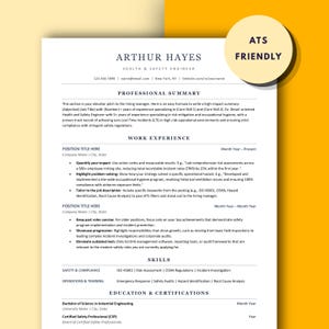 May include: A resume template for a Health & Safety Engineer, featuring a professional layout with sections for professional summary, work experience, skills, and education. The document includes the text "ATS FRIENDLY" in a yellow circle.
