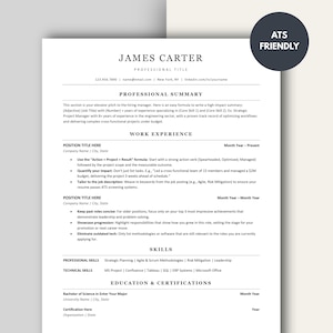 May include: A professional resume template featuring James Carter's details. It includes sections for professional summary, work experience, skills, and education. The document is designed to be ATS friendly, with clear headings and formatting.