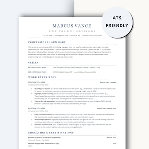 May include: A resume with the text "ATS FRIENDLY" in a circular design. The resume includes the name "MARCUS VANCE" and details about Operations & Supply Chain Management, professional summary, skills, work experience, and education.