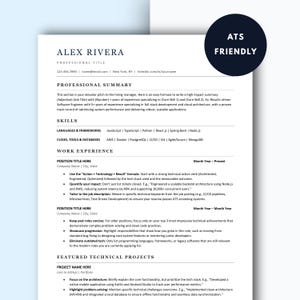 Op de afbeelding: Een wit cv-sjabloon met een zwarte cirkel met de tekst "ATS FRIENDLY". Het cv bevat secties voor professionele samenvatting, vaardigheden, werkervaring en aanbevolen technische projecten. Het document is ontworpen om gemakkelijk te worden gescand door applicant tracking systems.