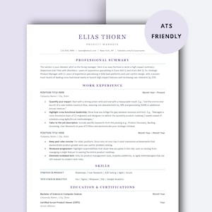 May include: A resume template with the name ELIAS THORN, Product Manager, and contact information at the top. The document includes sections for a professional summary, work experience, skills, and education. A circular sticker with the text "ATS FRIENDLY" is in the upper right corner.