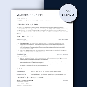 Può includere: Un modello di curriculum vitae per un ingegnere civile, Marcus Bennett. Il curriculum include sezioni per riepilogo professionale, esperienza lavorativa, competenze e istruzione. Il documento è progettato per essere compatibile con ATS, con un grafico circolare in alto a destra.