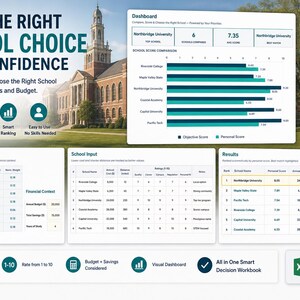 Può includere: Un dashboard digitale con dati di confronto scolastico, inclusi punteggi oggettivi e personali. L'immagine presenta un edificio universitario e il testo "Fai la scelta giusta a scuola con fiducia."