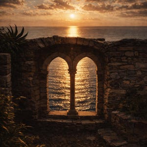 Peut inclure: Un paysage marin au coucher du soleil, encadré par une arche en pierre. Le ciel est rempli de teintes dorées et orangées, se reflétant sur l'eau. L'arche a deux ouvertures avec un pilier central, créant une scène pittoresque.