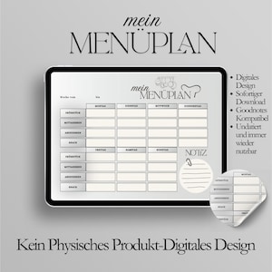 Könnte beinhalten: Ein digitaler Speiseplan auf einem Tablet. Der Planer zeigt ein Wochenlayout mit Abschnitten für Mahlzeiten und Snacks, mit dem Text "mein MENUPLAN" oben. Zusätzlicher Text beinhaltet "Digitales Design" und "Goodnotes Kompatibel".