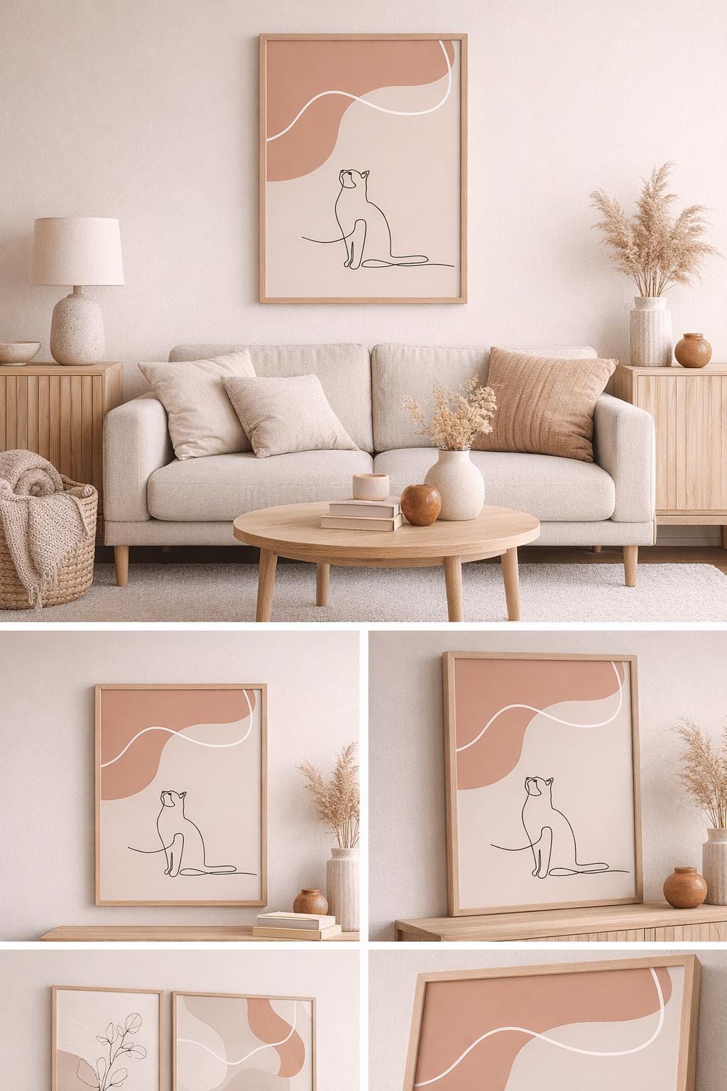 Minimalist Cat Line Art Print | Neutral Beige Wall Art | Modern Boho ...