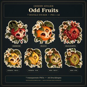 Könnte beinhalten: Ein digitaler Stickerbogen mit dem Titel Oddery Atelier Odd Fruits, der sieben Illustrationen von Früchten mit großen Augen und totenkopfartigen Merkmalen zeigt, darunter Erdbeere, Orange, Granatapfel, Zitrone und Kiwi, umgeben von weißen Blüten und grünen Blättern.