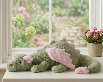 Dragon Plush Green Pink Stuffed Animal, Malachy Dragon Plushie, Soft Kawaii Gift, Kids Fantasy