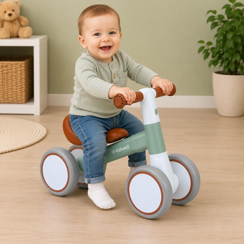 May include: A sage green and white balance bike with brown handlebars and a brown seat. The frame features the Kidwell brand name in white text. The bike has four grey wheels with white centers and brown rims, designed for toddlers to ride.