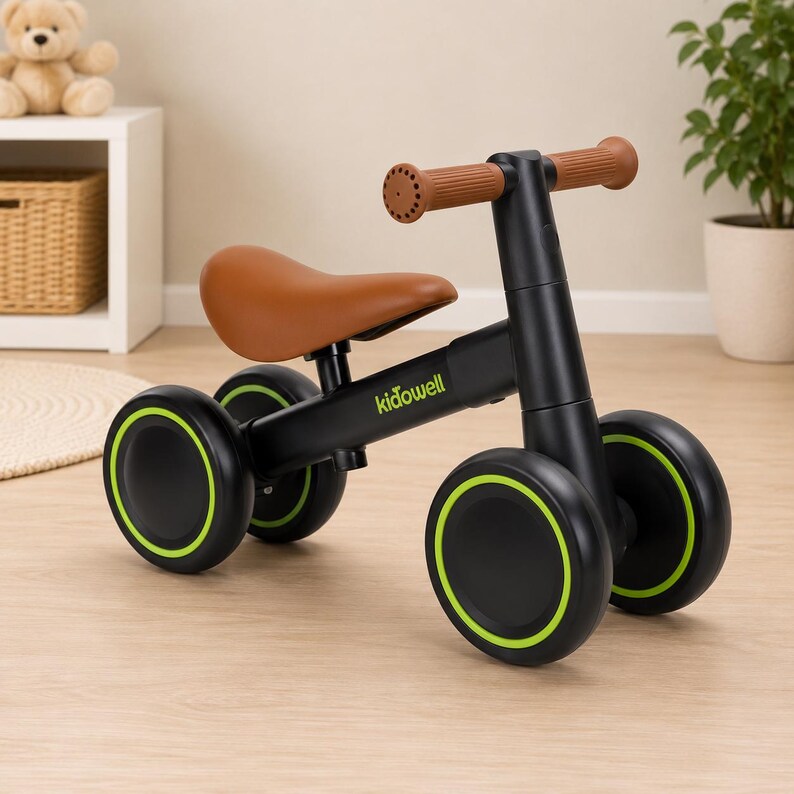 May include: A black balance bike with a brown seat and brown handlebars. The frame features the text kidowell in green. The bike has four black wheels with bright green circular accents on the rims, designed for stability and movement.