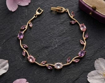 18K Gold Floral Crystal Bracelet Pink Lilac Pastel Fairycore Jewelry