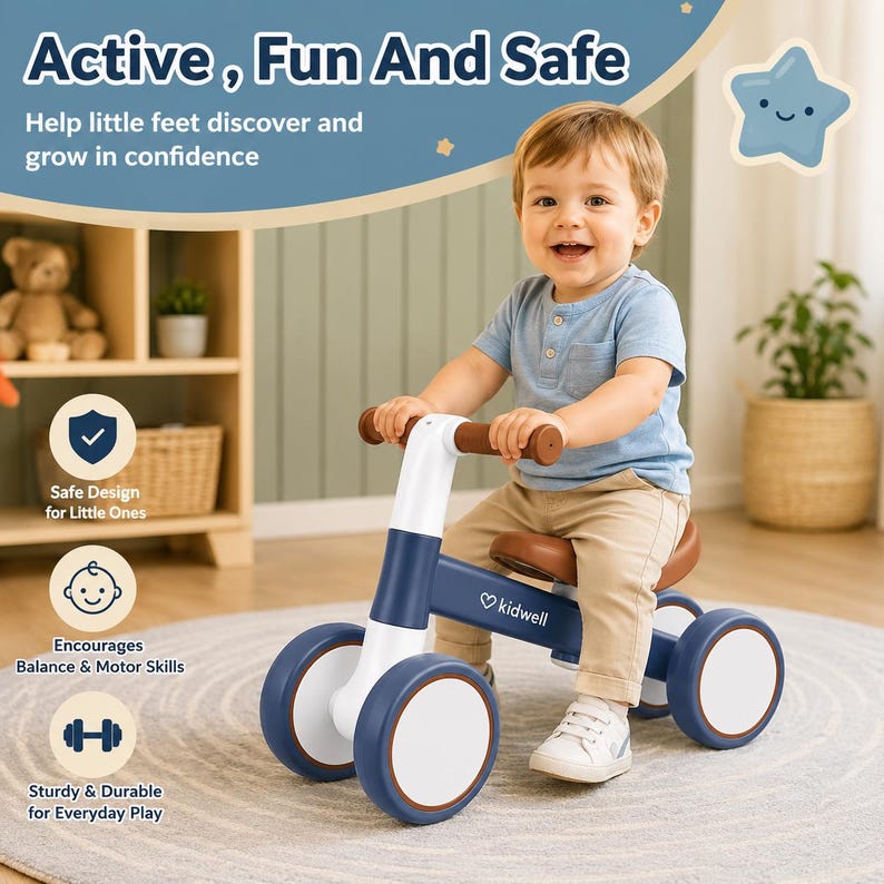 May include: A navy blue and white balance bike with brown handlebars and seat, featuring the Kidwell logo on the frame. The bike has four wheels and is designed for toddlers to develop balance and motor skills while playing indoors.