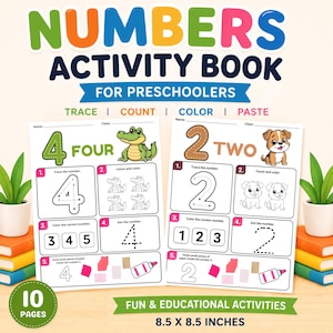 May include: A Numbers Activity Book for preschoolers with a colorful title, featuring two sample pages showing number exercises for 4 and 2 with illustrations of a crocodile and a puppy. The book measures 8.5 x 8.5 inches and contains 10 pages.