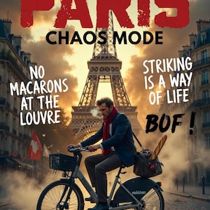 Op de afbeelding: Een reisjournaalcover getiteld PARIS CHAOS MODE met een persoon op een fiets voor de Eiffeltoren. De tekst luidt TRAVEL JOURNAL EDITION 2026, NO MACARONS AT THE LOUVRE, STRIKING IS A WAY OF LIFE BOF en Made with strikes.
