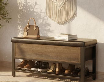 Industrial Storage Bench, Padded Seat, Hidden Storage, Shoe Shelf Ottoman