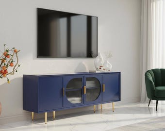 Modern Blue TV Stand 66 Inch, Media Cabinet with Glass Doors, Storage Console