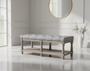 Tufted Upholstered Entryway Bench with Shelf, Farmhouse Shoe Storage Seating