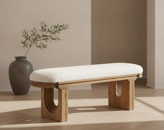 Upholstered Wood Bench, 47 Inch Farmhouse Entryway Seating, Rustic Brown White