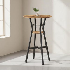 May include: A tall, round bar table featuring a wood-grain top and a matching circular lower shelf. The structure is supported by four black metal legs that angle inward toward the center, connected by a circular metal ring and a cross-brace base.