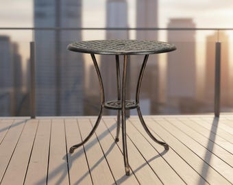 Cast Aluminum Bistro Table, 24" Round Outdoor Coffee Table, Rustic Brown, Umbrella Hole