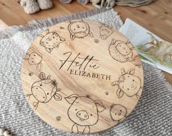 Personalised Farm Animal Name Stool - Engraved Baby Birth Stool - Custom Wooden Nursery Step Stool - Farm Nursery Decor - New Baby Gift
