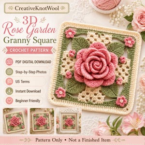 May include: A crochet pattern for a 3D Rose Garden Granny Square by CreativeKnotWool. The image displays a square motif with a large pink rose, green leaves, and small pink flowers on a cream background. Text includes PDF Digital Download.