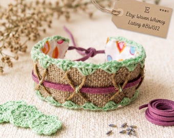 Boho Linen Crochet Cuff Bracelet Pattern PDF, Mixed Media Tutorial (Instant Download)