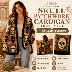 May include: A crochet pattern for a patchwork cardigan featuring a repeating skull motif in shades of olive green, dusty pink, cream, and black. The digital download includes a step-by-step guide, photo tutorial, and US terms for sizes XS-5XL.