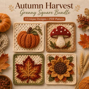 Può includere: Quattro quadrati granny all'uncinetto con motivi di raccolto autunnale tra cui una zucca, un fungo, una foglia d'acero e un girasole. Il testo recita Autumn Harvest Granny Square Bundle 4 Unique Designs PDF Pattern.