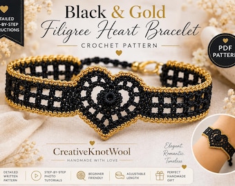 Black Gold Filigree Heart Bracelet Crochet Pattern (PDF Download)