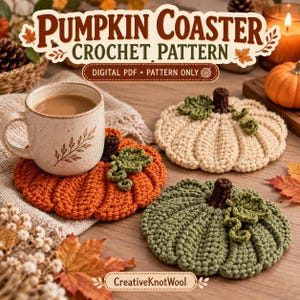 Virkmönster för pumpafrönare i PDF-format, texturerad höstmuggmatta, bordsdekorationer för Thanksgiving, höstheminredning, Halloween-underlägg, PDF-nedladdning