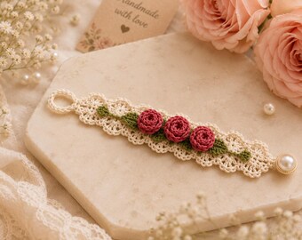 Crochet Rose Bracelet Pattern, Floral Lace Jewelry, Romantic Flower DIY (Digital Download)