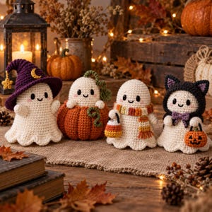 May include: Four crocheted ghost figures arranged in a row. The first wears a purple witch hat with a yellow moon and star. The second sits inside a large orange pumpkin. The third wears a striped scarf and holds a candy corn. The fourth wears a black cat hood and holds a small pumpkin.