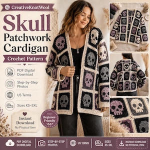 May include: A crochet pattern for a patchwork cardigan featuring a repeating skull motif in black, white, and purple. The digital PDF includes step-by-step photos, US terms, and sizing from XS to 5XL. This is an instant download of a digital file.