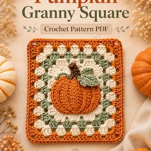 Puede incluir: Un motivo de ganchillo cuadrado con una calabaza naranja central con tallo marrón y hoja verde, rodeado de capas de hilo crema y verde salvia en un patrón de granny square. El texto dice Pumpkin Granny Square Crochet Pattern PDF.