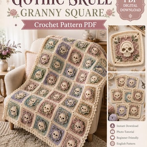 Puede incluir: Un patrón de ganchillo en PDF titulado GOTHIC SKULL GRANNY SQUARE que muestra una manta hecha de cuadrados con motivos de calaveras en tonos apagados de crema, verde salvia y rosa viejo. El documento incluye un tutorial fotográfico e instrucciones.