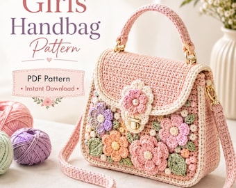 Crochet Girls Handbag Pattern PDF, Floral Purse, Kids Crossbody handbag, Pastel Flower, Instant Download