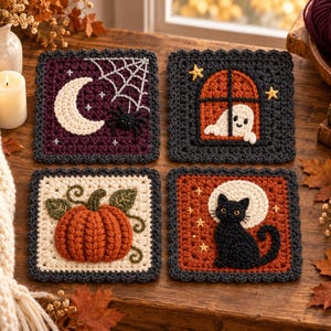 May include: Four square crochet coasters featuring Halloween themes: a crescent moon with a spider web, a ghost in an arched window, a pumpkin with green leaves, and a black cat sitting in front of a full moon, all with dark scalloped borders.