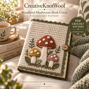 Pode incluir: Uma capa de livro em crochê com base creme e três cogumelos bordados em tons de ferrugem, amarelo e rosa. A capa possui uma borda festonada verde-escura e um pequeno botão de madeira. O texto diz CreativeKnotWool Woodland Mushroom Book Cover.
